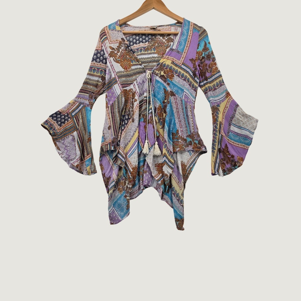 Surf Gypsy Boho Patchwork Tunic Top Bell Sleeve Tassel Tie Handkerchief Hem S